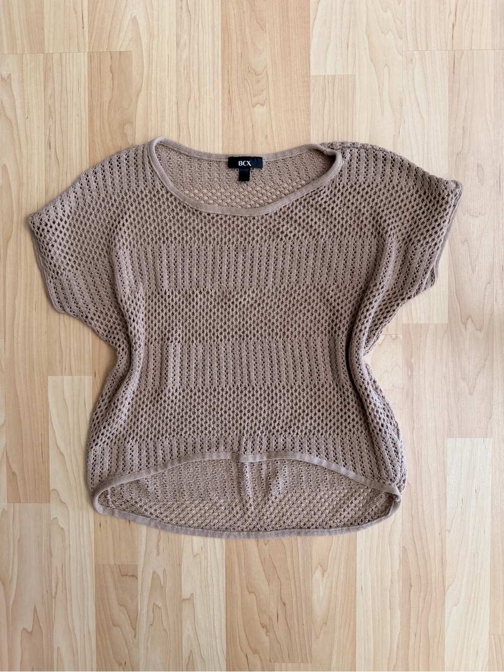 BCX Taupe Open-Knit Scoop Neck Short Sleeve Sweater
